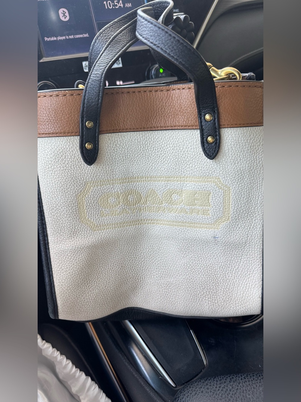 Coach Tri-Color Pebbled Leather Tote — White, Tan & Black